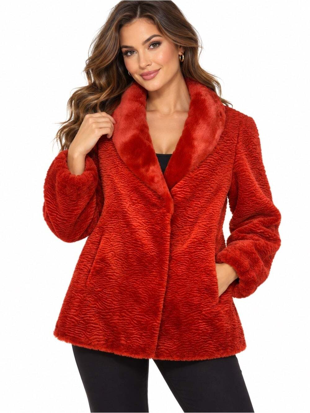 Vintage Olympia Orange Textured Faux Fur Jacket S Fitted Shawl Collar Statement